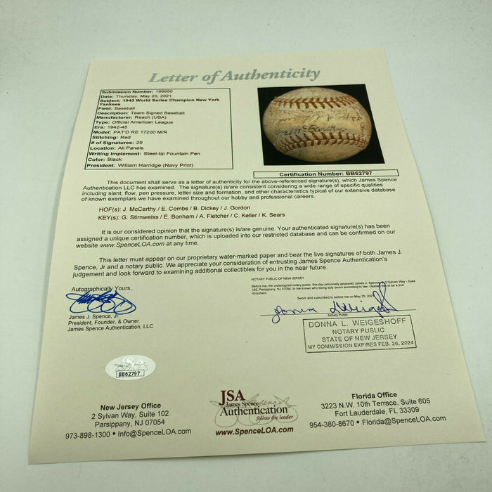 Rare 1943 New York Yankees World Series Champs Team Signed Baseball JSA COA
