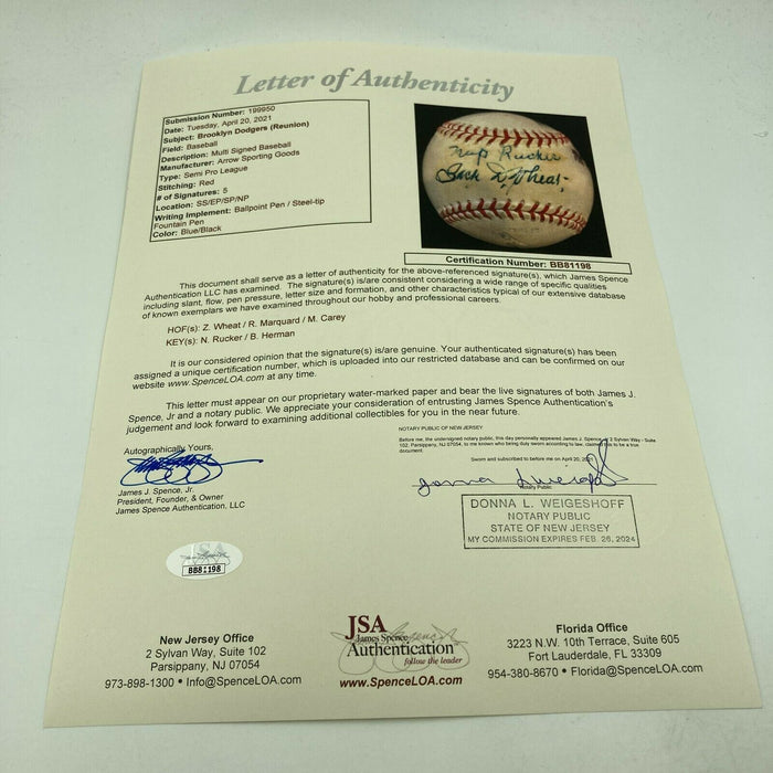 Max Carey Rube Marquard Zack Wheat 1910's Dodgers HOF Signed Baseball JSA COA