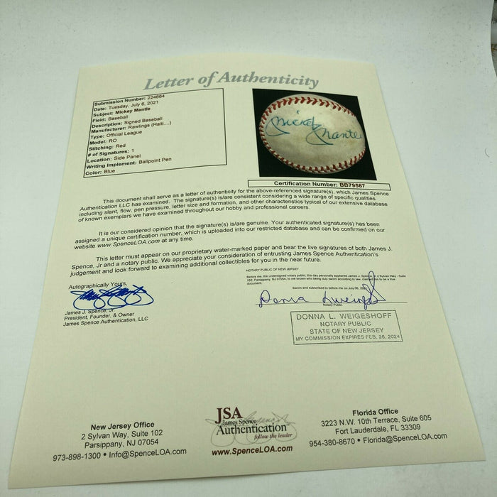 Mickey Mantle Signed 1970's Official League Baseball With JSA COA