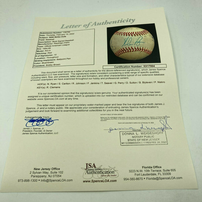 3,000 Strikeout Club Signed Baseball Nolan Ryan Tom Seaver Randy Johnson JSA COA