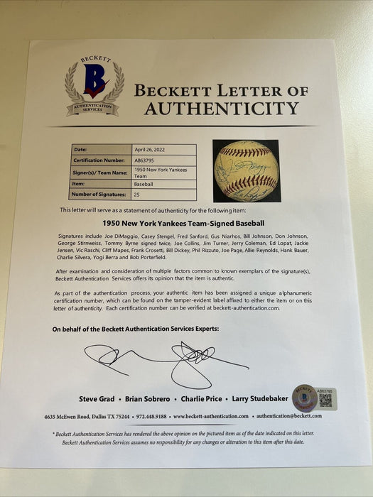 Stunning 1950 New York Yankees World Series Champs Team Signed Baseball Beckett