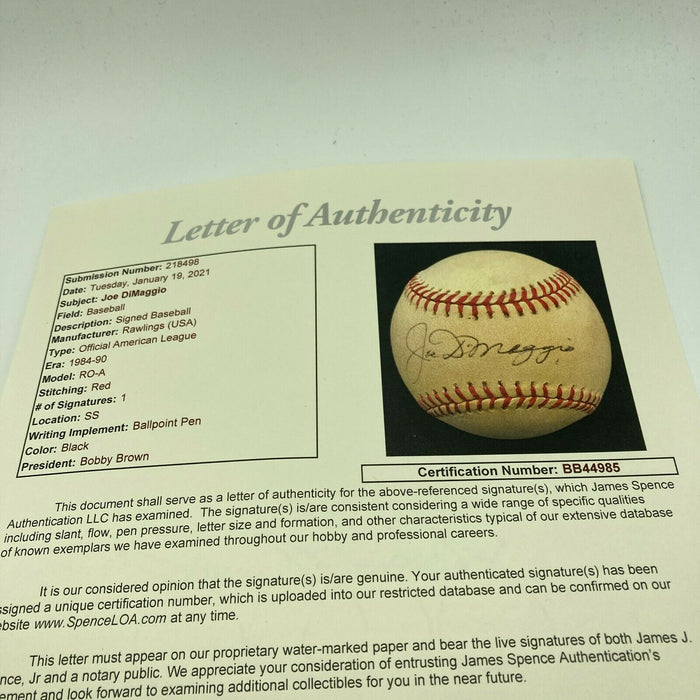 Nice Joe Dimaggio Signed Autographed American League Baseball JSA COA