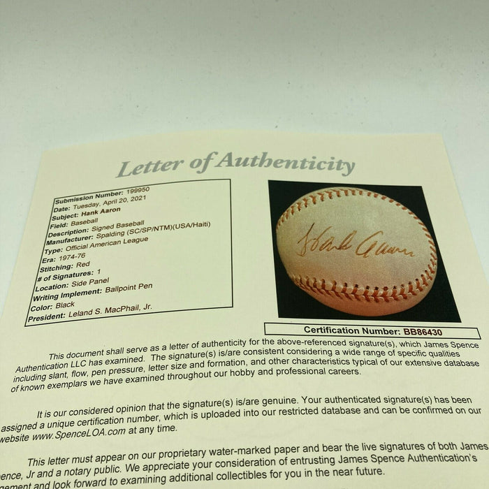 Hank Aaron Playing Days Signed Vintage 1975 American League Baseball JSA COA