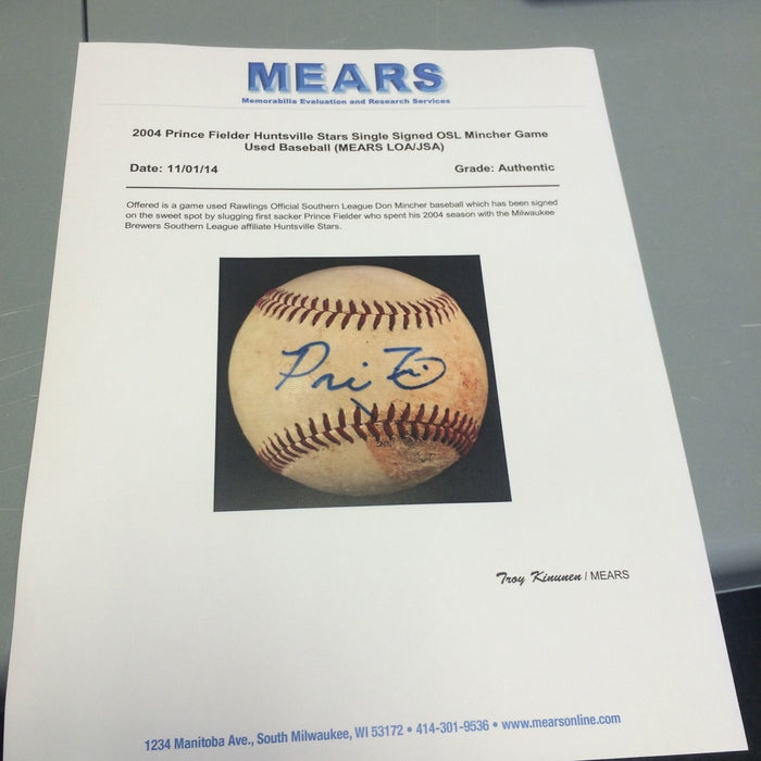 Prince Fielder Autographed Game Used Minor League Baseball Jsa And Mears Loa