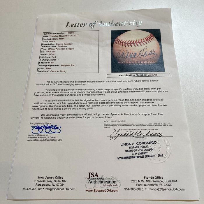 Diana Ross Signed Official American League Baseball JSA & Beckett COA