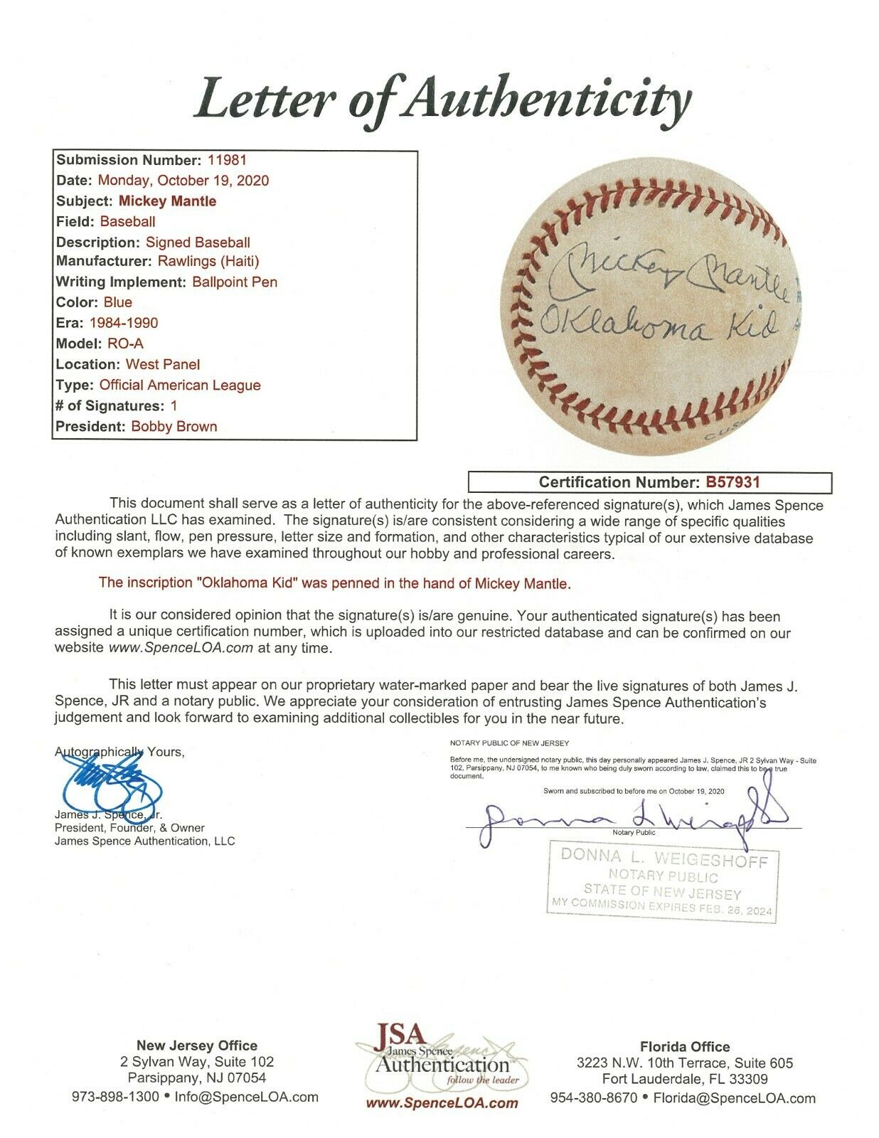 Mickey Mantle Signed OMLB No. 7 Inscription Signed in Blue Pen - JSA