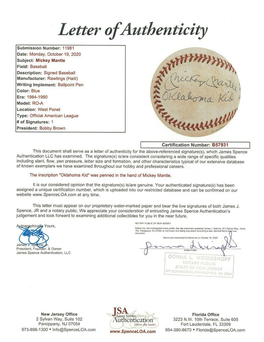 Mickey Mantle "Oklahoma Kid" Single Signed Inscribed Baseball With JSA COA