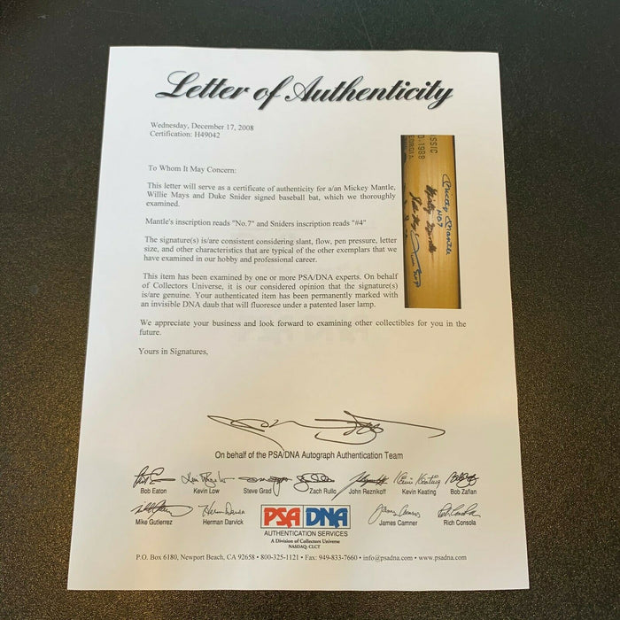 Beautiful Mickey Mantle Willie Mays Duke Snider Signed Bat With PSA DNA COA