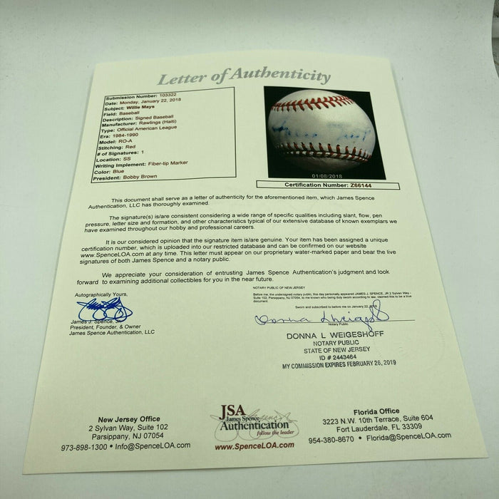 Willie Mays Signed Autographed American League Baseball With JSA COA