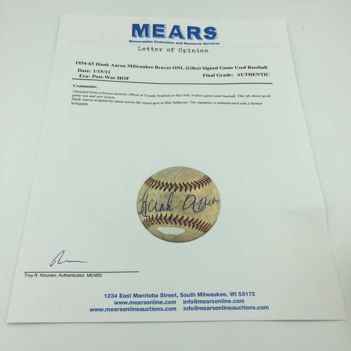 1950's Hank Aaron Signed Game Used National League Baseball MEARS COA & STEINER