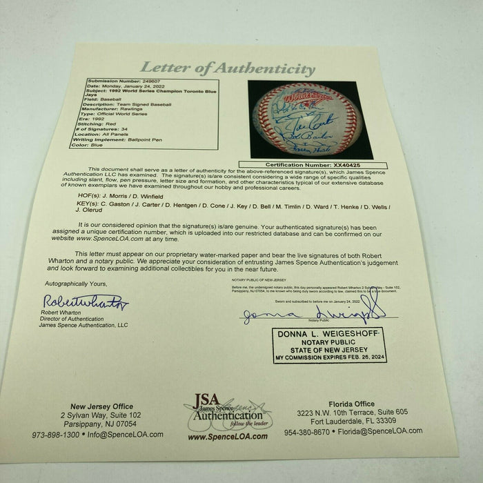 1992 Toronto Blue Jays World Series Champs Team Signed W.S. Baseball JSA COA