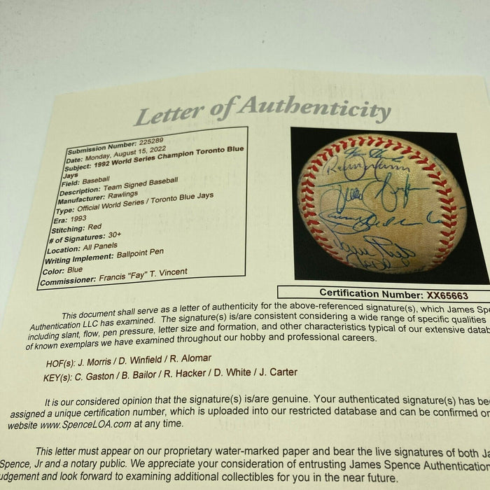 1992 Toronto Blue Jays World Series Champs Team Signed W.S. Baseball JSA COA