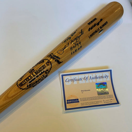 Rare Phil Rizzuto " #10 HOF 1994 Holy Cow 6X All Star" Signed Bat Steiner COA