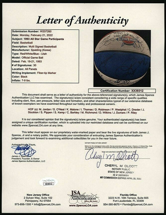 Michael Jordan Scottie Pippen 1993 All Star Game Team Signed Basketball JSA COA