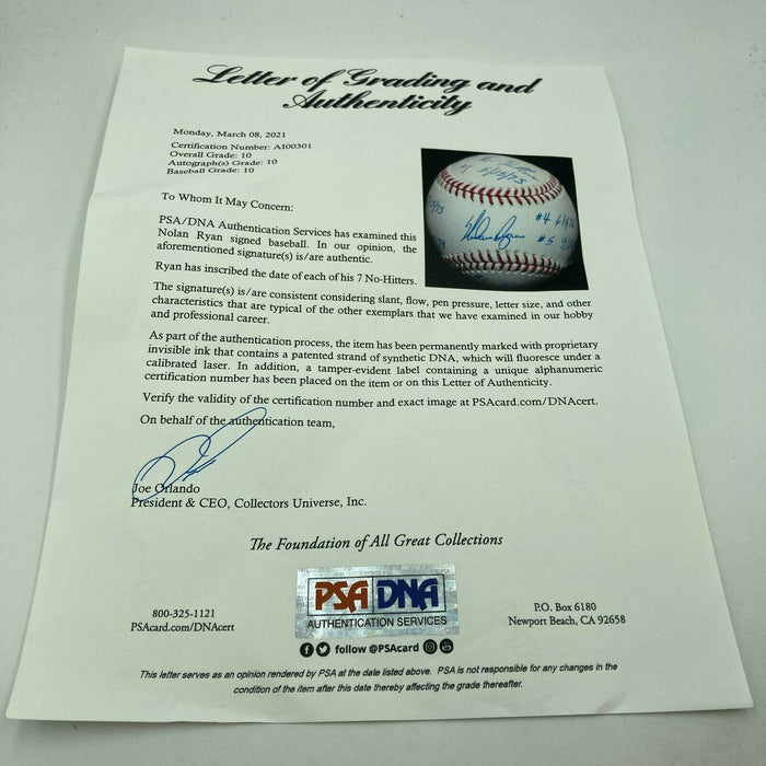 Nolan Ryan 7 No Hitters Signed Heavily Inscribed Baseball PSA DNA GEM MINT 10