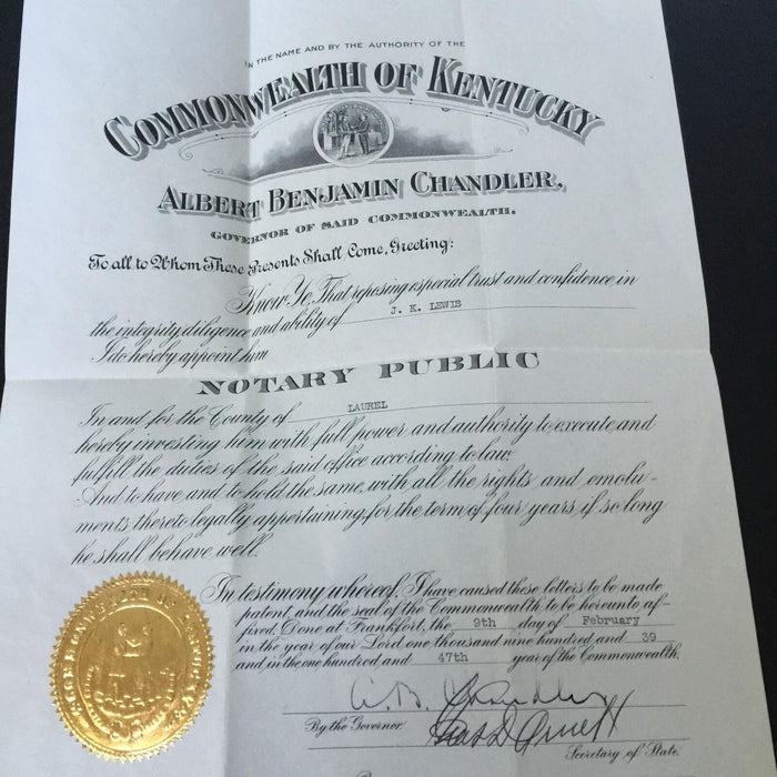 A.B. Happy Chandler 1939 Signed Original Kentucky Governor Certificate HOF