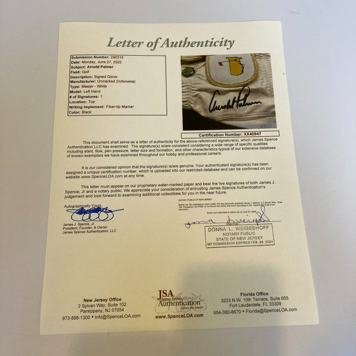 Arnold Palmer Signed Autographed PGA Golf Glove JSA COA