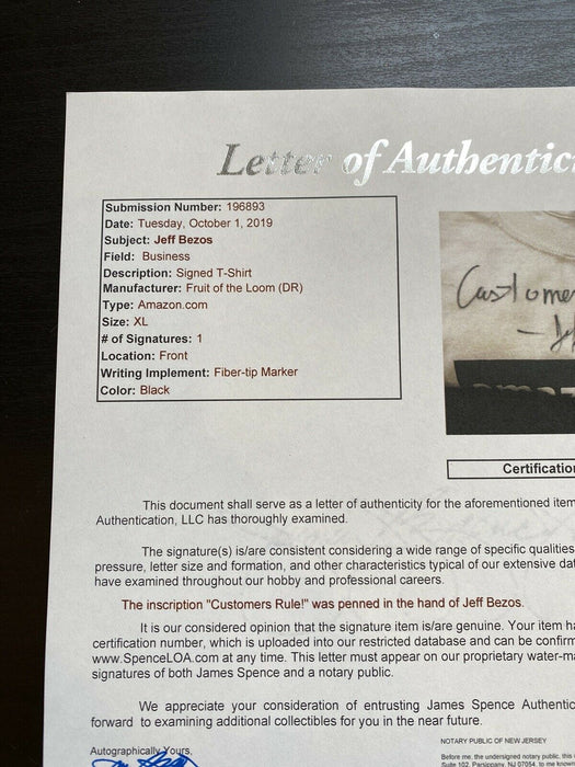 Jeff Bezos "Customers Rule!" Signed Original Employee 1995 Amazon T-Shirt JSA