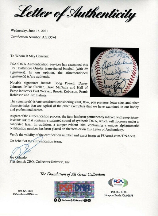 1971 Baltimore Orioles American League Champs Team Signed Baseball PSA DNA COA