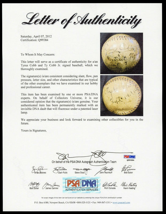 Beautiful Ty Cobb "Tyrus" Signed 1921 Game Used Official AL Baseball PSA DNA COA