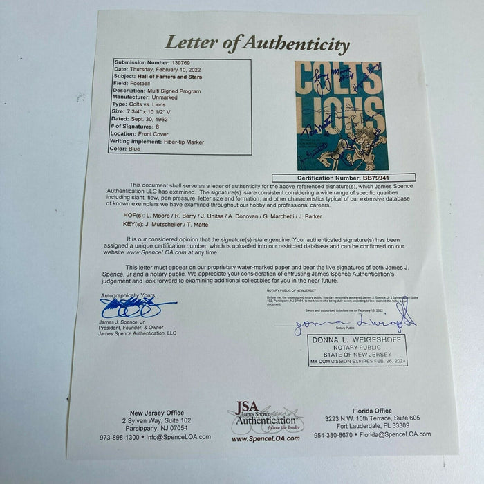 1962 Baltimore Colts Team Signed Program With Johnny Unitas With JSA COA