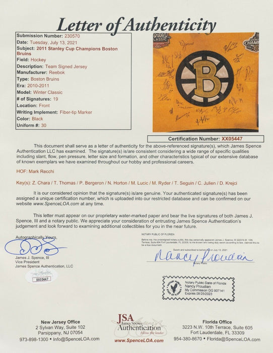 2010–11 Boston Bruins Stanley Cup Champs Team Signed Jersey Framed JSA COA