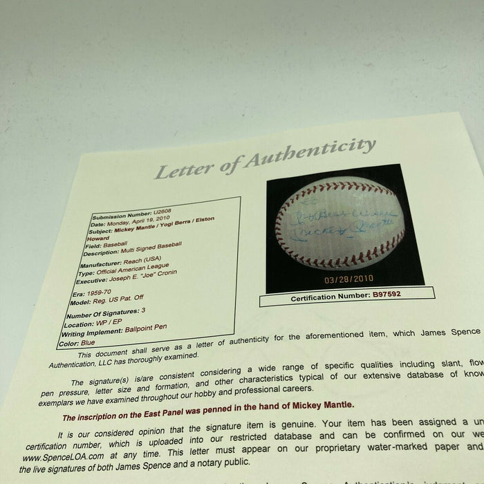 Beautiful 1960's Mickey Mantle Elston Howard Signed AL Cronin Baseball JSA COA