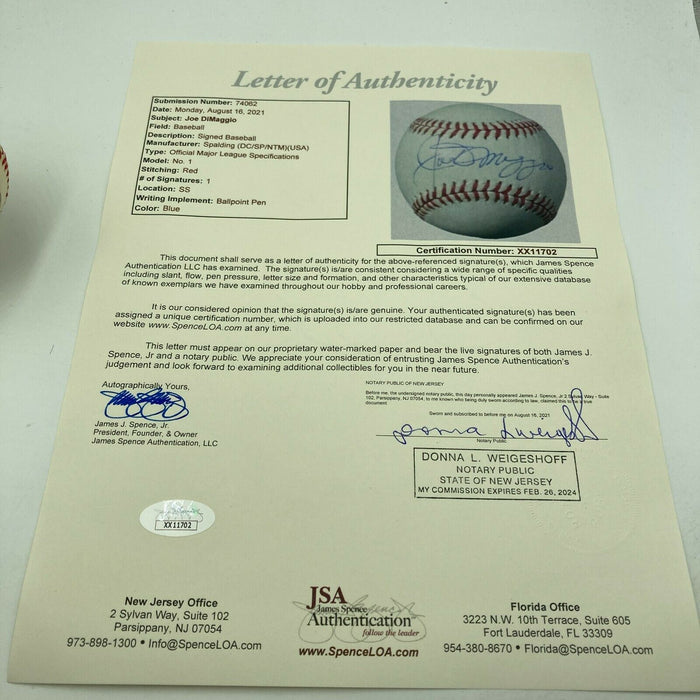 Mint Joe Dimaggio Signed Spalding 1960's Major League Baseball With JSA COA