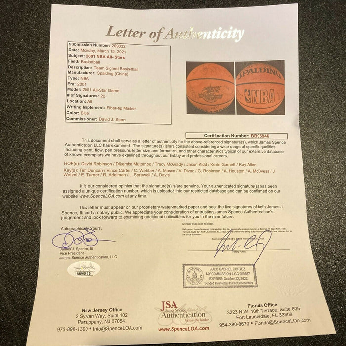 2001 All Star Game Team Signed Basketball Tim Duncan Vince Carter Garnett JSA