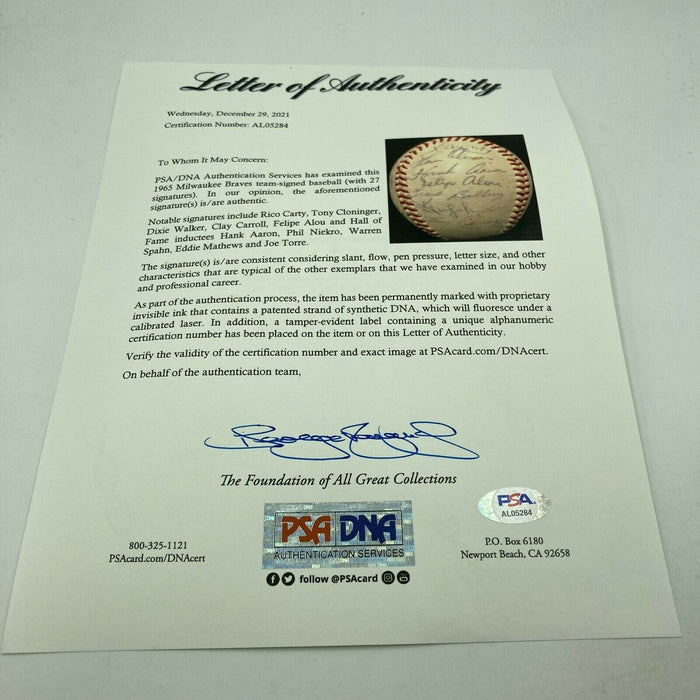 1965 Milwaukee Braves Team Signed National League Baseball PSA DNA COA