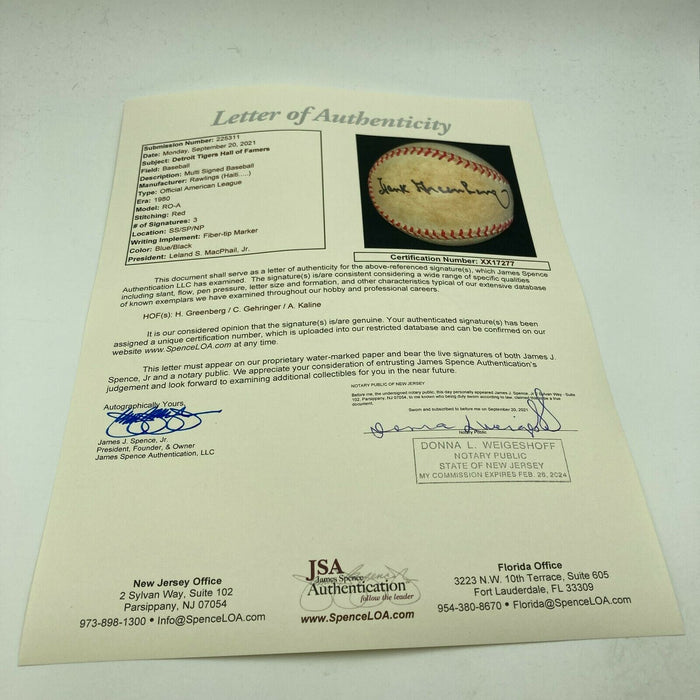 Hank Greenberg Al Kaline Gehringer Detroit Tigers HOF Signed Baseball JSA COA