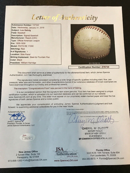 Lou Gehrig Single Signed Autographed American League Baseball PSA DNA & JSA COA
