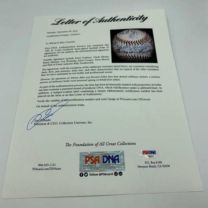 Beautiful 1941 St. Louis Cardinals Team Signed Baseball PSA DNA COA