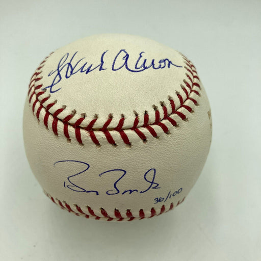 Hank Aaron & Barry Bonds Signed Stat Engraved MLB Baseball Steiner