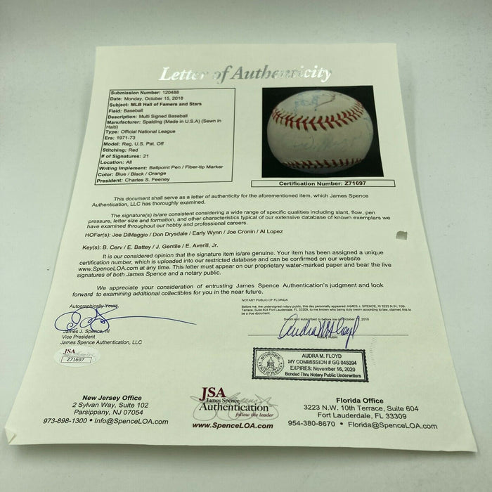 Joe Dimaggio Don Drysdale Joe Cronin Hall Of Fame Multi Signed Baseball JSA COA
