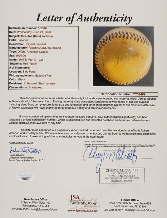 Mrs. Joe Jackson Single Signed Baseball The Only One Known JSA COA
