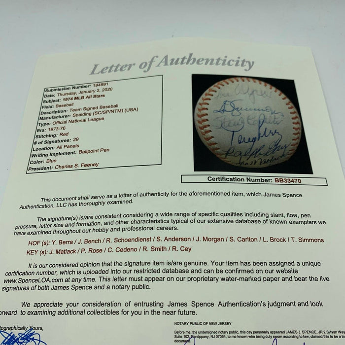 1974 All Star Game Signed Baseball Yogi Berra Carlton Fisk Rose Bench JSA COA