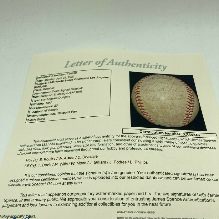 1965 Los Angeles Dodgers World Series Champs Team Signed Baseball Koufax JSA COA