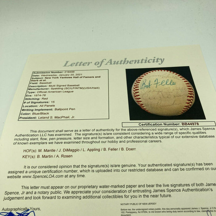 Joe Dimaggio & Mickey Mantle 1974 Old Timers Day Multi Signed Baseball JSA COA