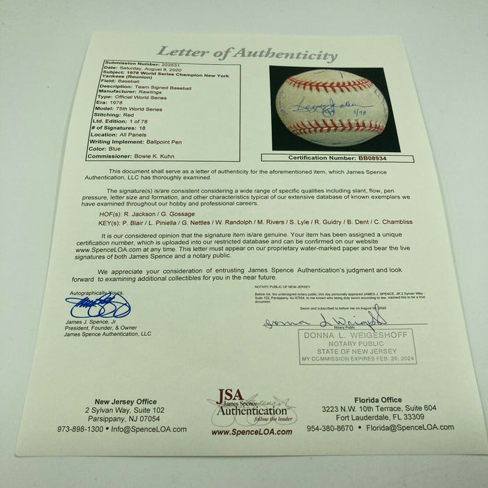 1978 New York Yankees World Series Champs Team Signed WS Baseball With JSA COA