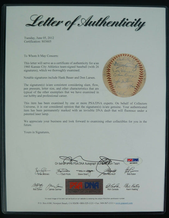1960 Kansas City Athletics Team Signed American League Cronin Baseball PSA DNA