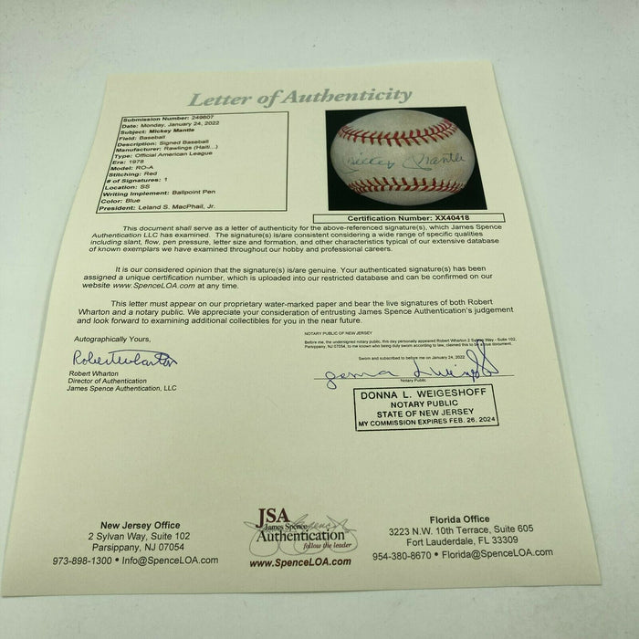 Mickey Mantle Signed Vintage 1978 Official American League Baseball JSA COA