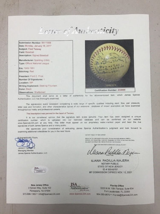RARE Fred Tenney Single Signed Heavily Inscribed National League Baseball JSA