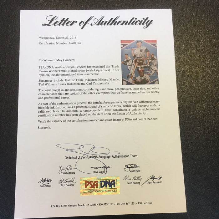 Mickey Mantle Ted Williams Carl Yastrzemski Triple Crown Signed 18x24 Photo PSA