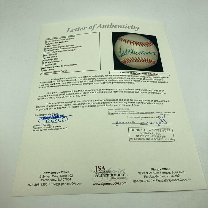 Nice Ted Williams Signed Official American League Baseball JSA COA