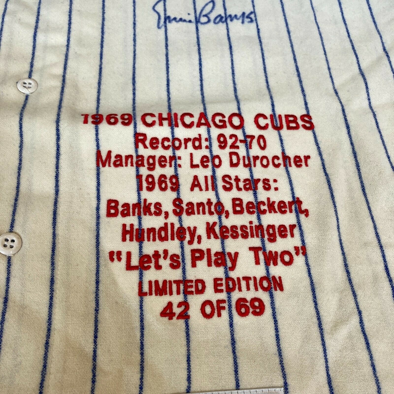 Beautiful 1969 Chicago Cubs Team Signed Jersey 26 Sigs With Ernie Banks JSA  COA