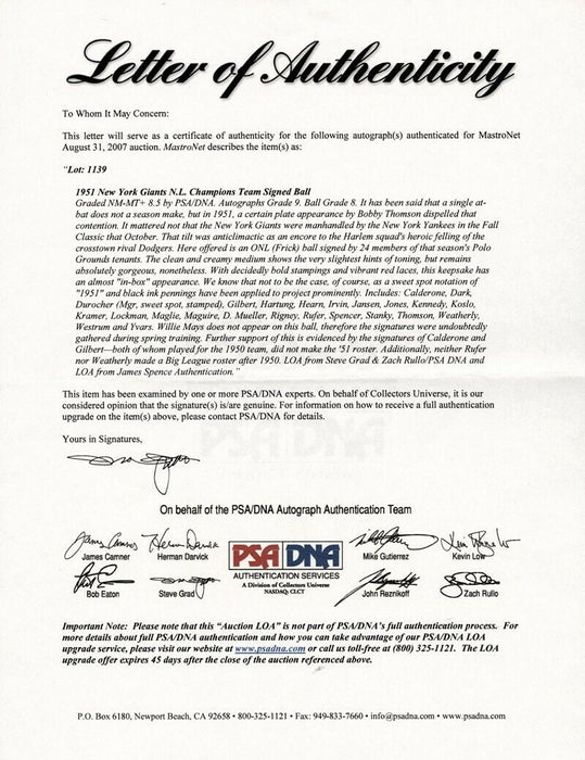 1951 New York Giants Team Signed Baseball PSA DNA Autograph Grade MINT 9