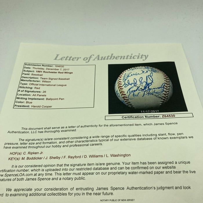 1981 Rochester Red Wings Signed Baseball Cal Ripken Jr. Longest Game In History