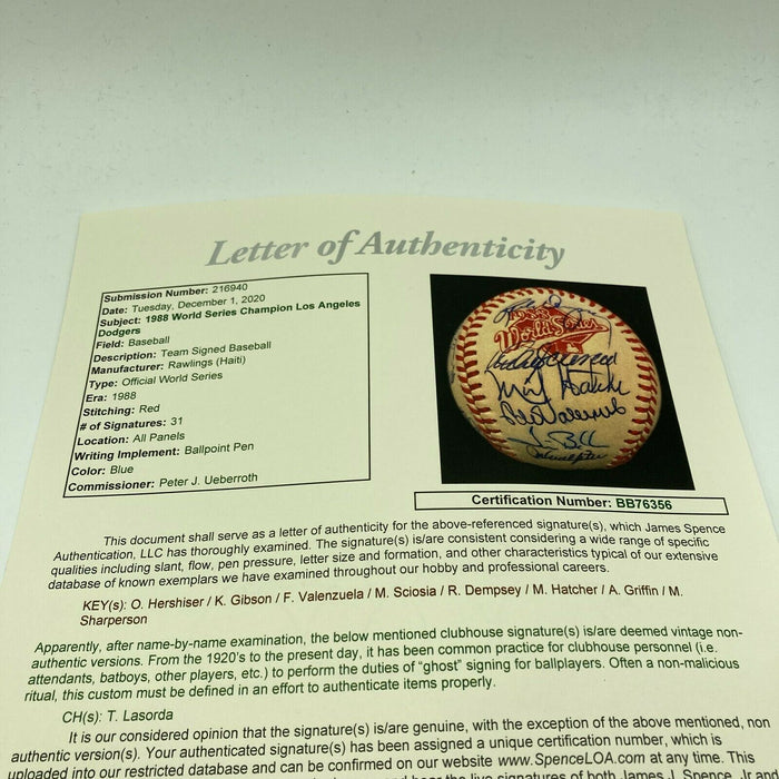 1988 Los Angeles Dodgers World Series Champs Team Signed Baseball JSA COA