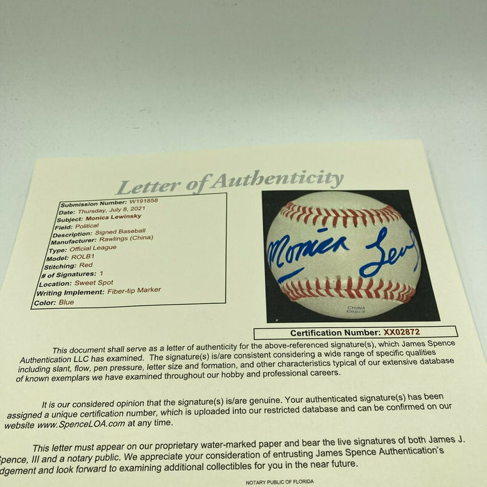 Monica Lewinsky Single Signed Baseball President Bill Clinton Intern JSA COA